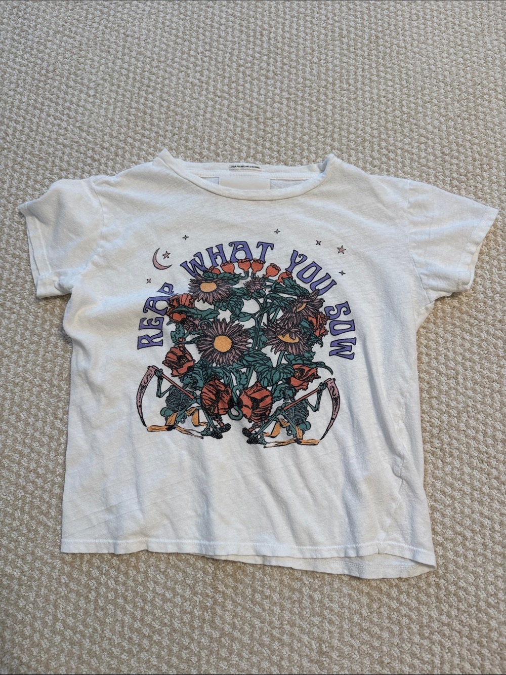 MOTHER White Graphic Tee with Floral 'Reap What You Sow' Print